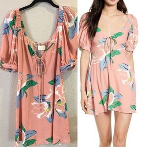 CAPULET Floral Linen Mini Dress - REVOLVE Blush, Puff Sleeve, Keyhole NWOT
